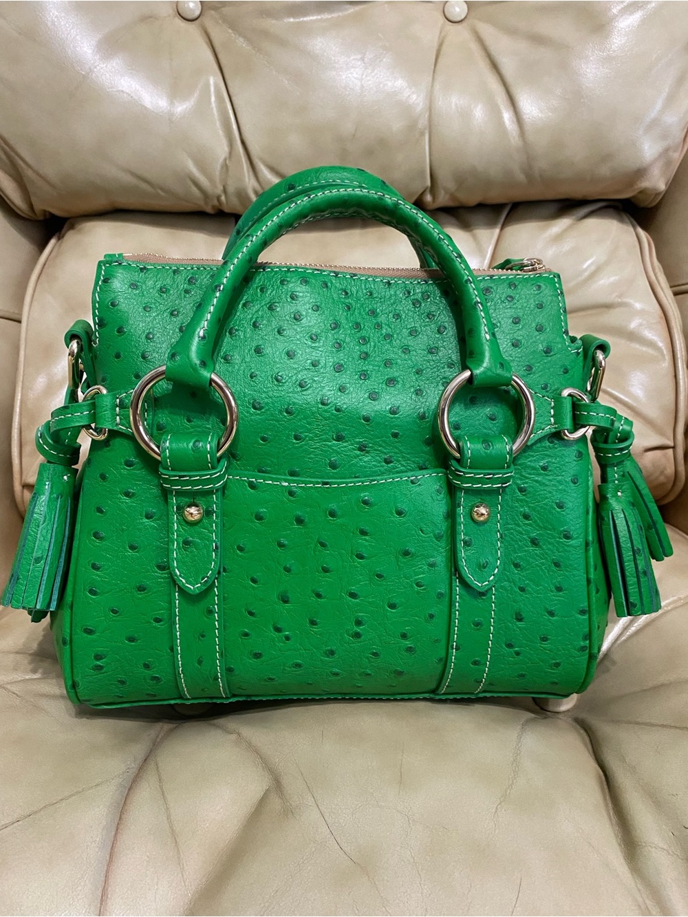 NEW Dooney & Bourke Kelly Green Pocket Satchel Ostrich Embossed Leather Tassel - Picture 3 of 15